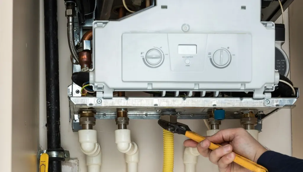 Onderkant van een cv-ketel met aansluitingen, aan de gasleiding wordt gewerkt
