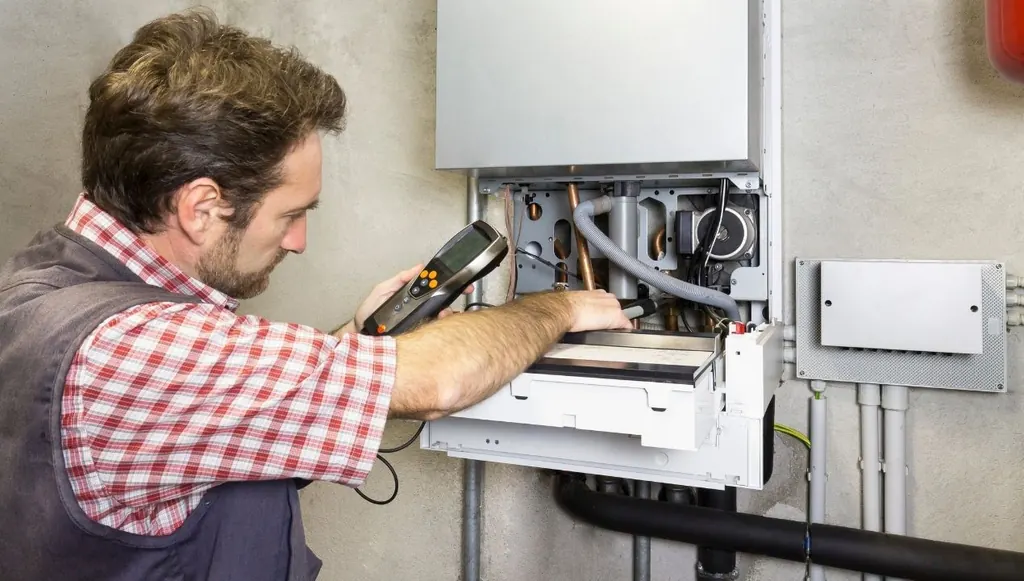 Monteur meet met een multimeter aan een geopende cv-ketel