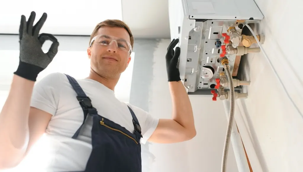 Monteur hangt een nieuwe cv-ketel op
