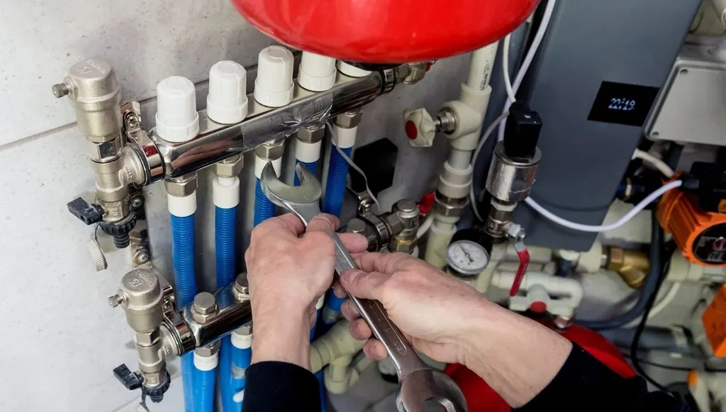 Verdeler van een cv-installatie met expansievat en drukmeter