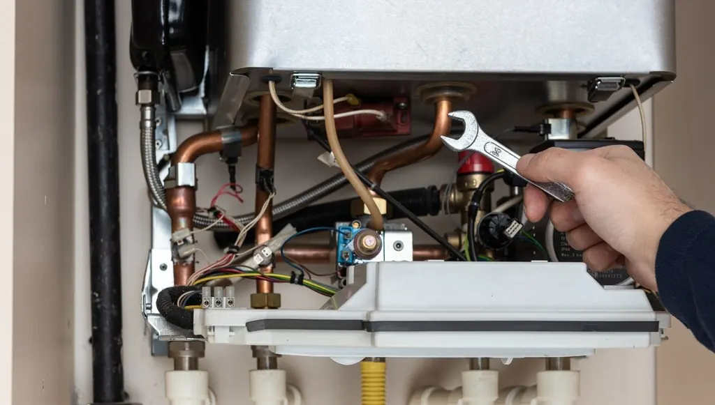 Geopende cv-ketel, er wordt met een steeksleutel een koppeling vastgezet