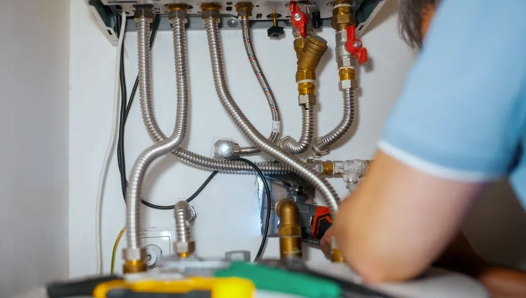 Leidingwerk en kranen onder een cv-ketel
