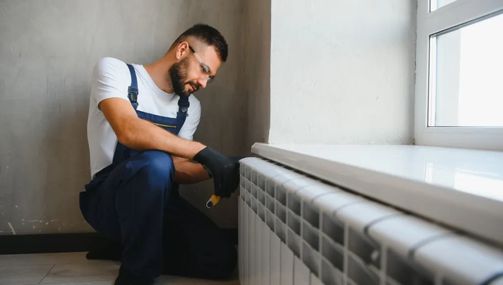 Monteur werkt aan een radiator onder het raam